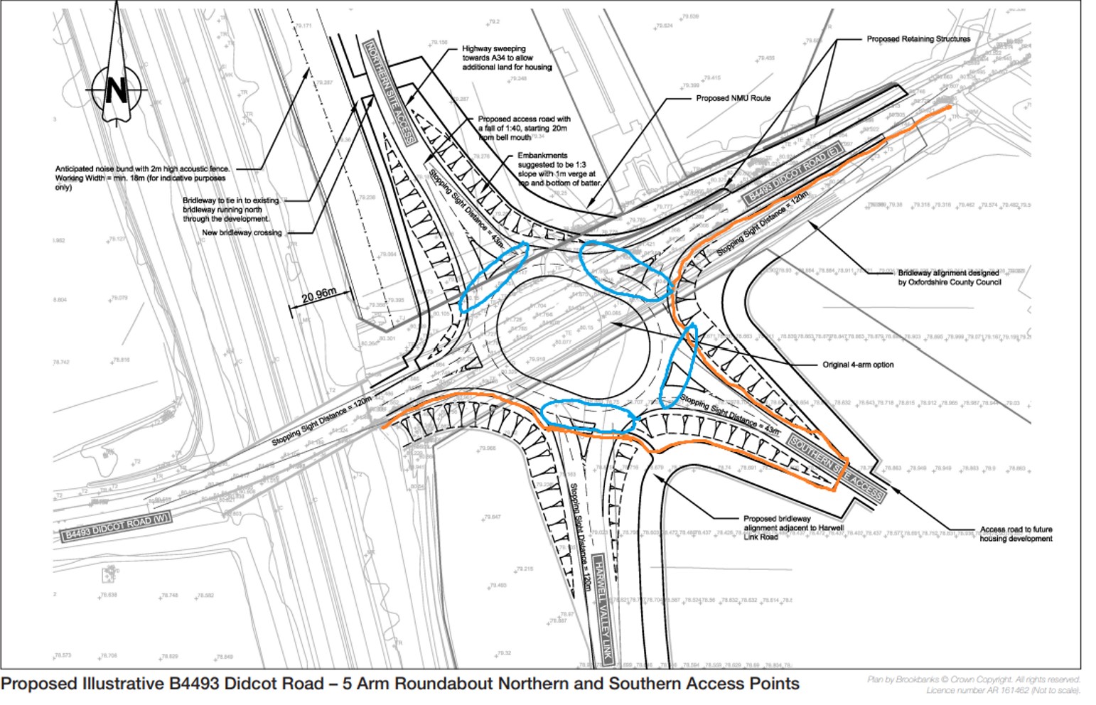 Proposed roundabout, with markings to show issues